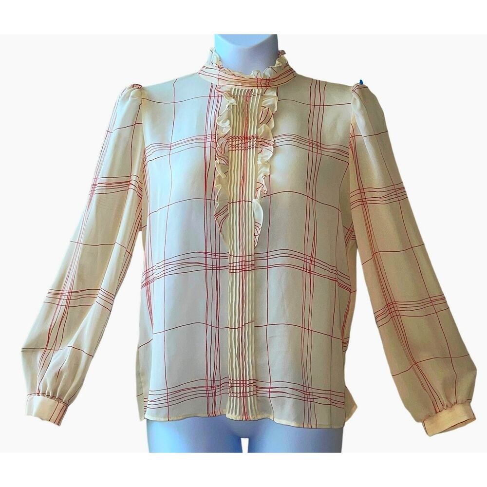 Pleated Ruffle Neck Plaid Blouse - Cream with Red Windowpane